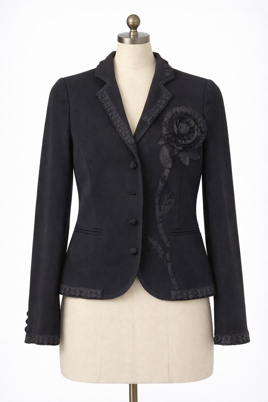 Moschino Black Blazer Jacket Accent Flower 3D Trim 8